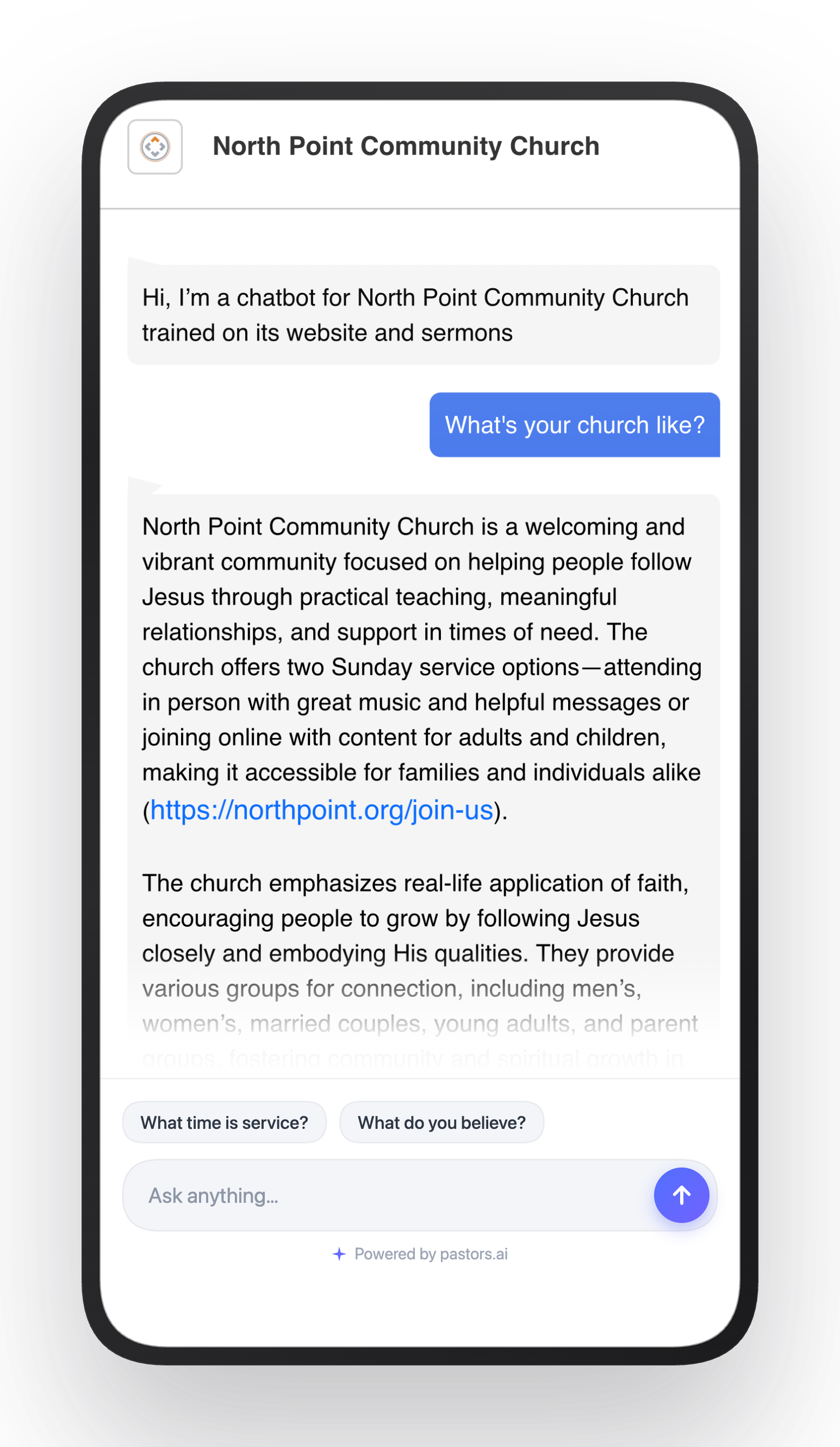 Chatbot answering 'What's your church like?'