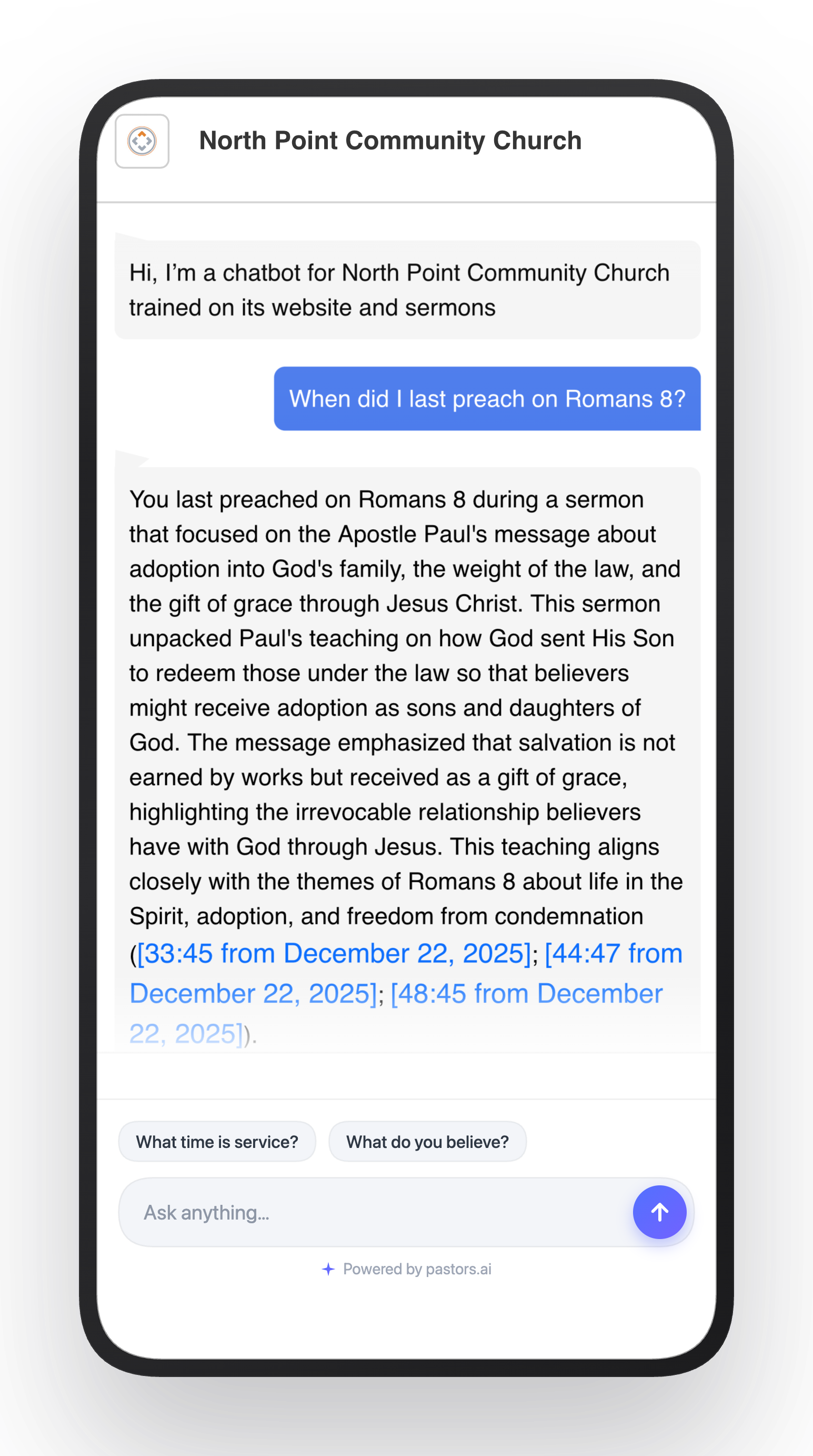 Chatbot answering 'When did I last preach on Romans 8?' with timestamp citations